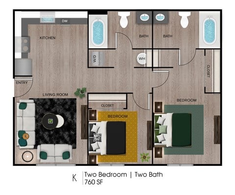 Floor plan for 2 beds, 2 baths, 760 sqft
